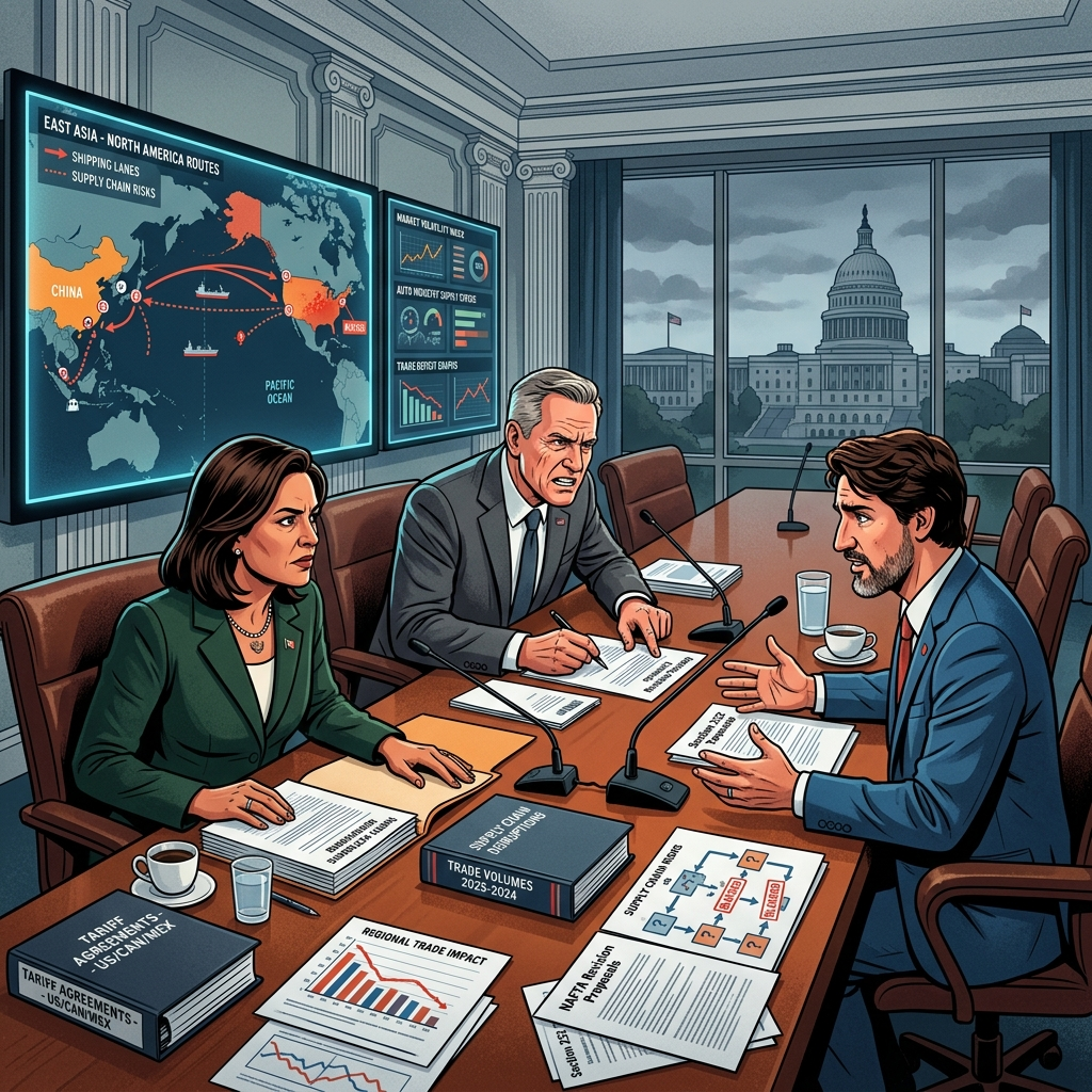 AI Generated Image - A trade negotiation scene in a Washington DC government building where representatives from the United States, Canada, and Mexico discuss USMCA renegotiation. Documents including tariff agreements and trade impact charts are scattered on the table, while screens display East Asia-North America shipping routes and China's supply chain risks.
