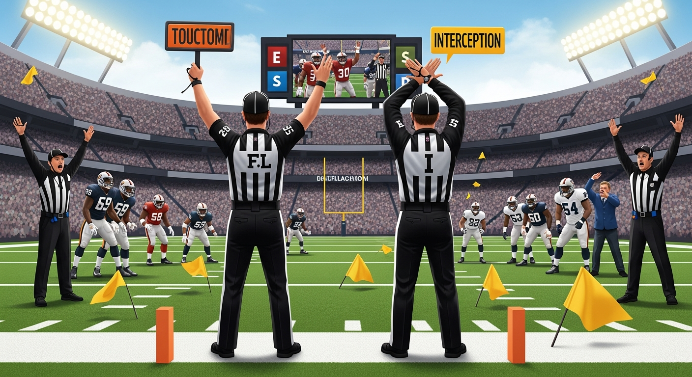 AI Generated Image - Two NFL replacement referees making conflicting calls at the end zone, one signaling touchdown while the other signals interception