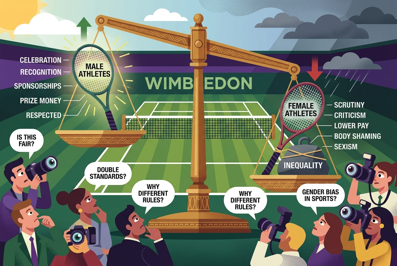 AI Generated Image - An unbalanced scale in the center with male and female athlete representations on opposite sides. The background shows Wimbledon Centre Court iconic green grass. The image symbolically represents gender bias and unequal treatment of athletes in professional sports.
