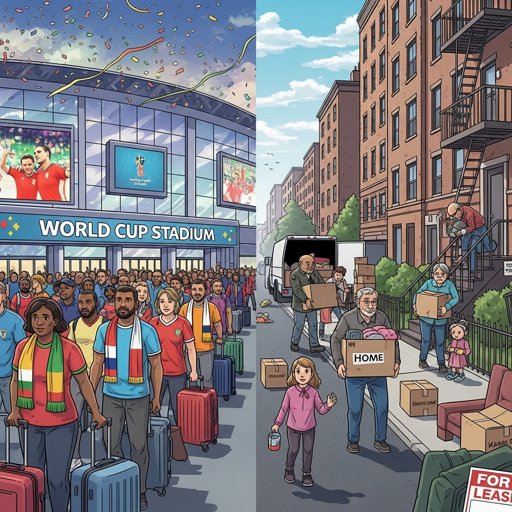 AI Generated Image - World Cup fans with rolling suitcases entering the stadium with jubilant energy on one side, while displaced residents pack belongings into boxes marked HOME beneath a FOR LEASE sign on the adjacent street, an editorial illustration starkly contrasting tourism boom with community displacement