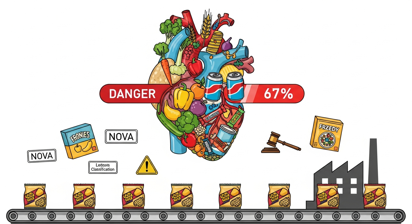 AI Generated Image - Heart split between fresh food and ultra-processed food with 67% risk gauge