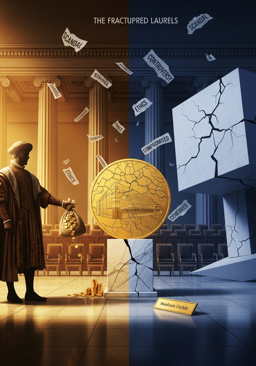 AI Generated Image - Fractured Pritzker Prize medal with Medici-style patron figure, editorial illustration symbolizing the ethical dilemma of dirty money and art patronage