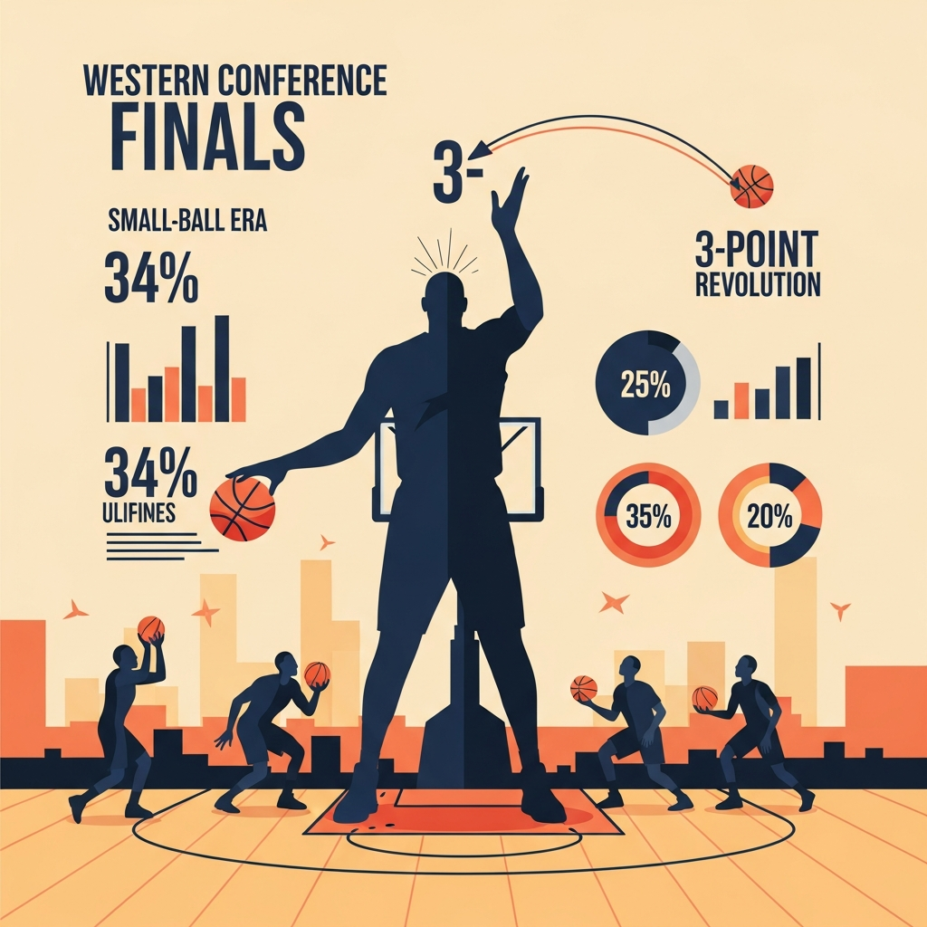 AI Generated Image - A towering center silhouette rises majestically at a Western Conference Finals arena, gracefully drawing a 3-pointer arc. Smaller point guards and shooters surround it in dramatic contrast, with small-ball era statistics (34%, 25%, 20%) and 3-point revolution metrics displayed as infographic bubbles and charts, visualizing how the 3-point era paradoxically summoned the ultimate big man.