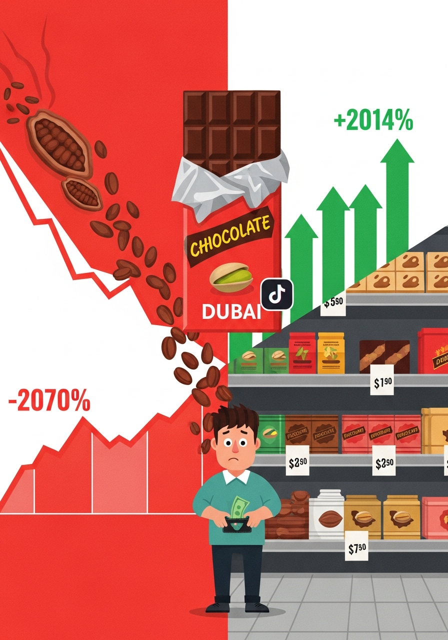 AI Generated Image - Cocoa price crash versus chocolate price rise infographic with Dubai chocolate and TikTok icon