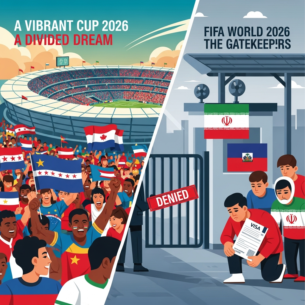 AI Generated Image - A digital illustration depicting the two faces of FIFA World Cup 2026, with the left side showing celebrating fans in a vibrant stadium and the right side portraying a border checkpoint with rejected visas and excluded fans from nations facing US travel restrictions.