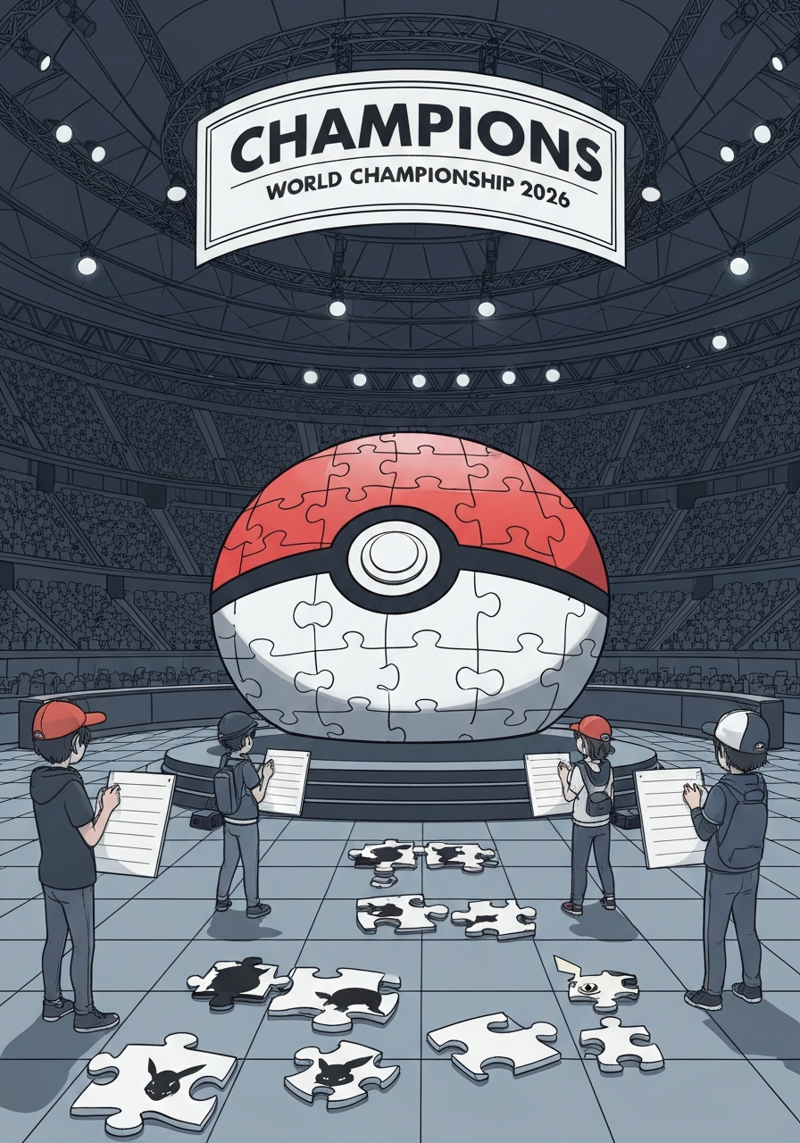 AI Generated Image - Competitive trainers holding empty rosters around an incomplete Poke Ball jigsaw puzzle on the Champions tournament stage