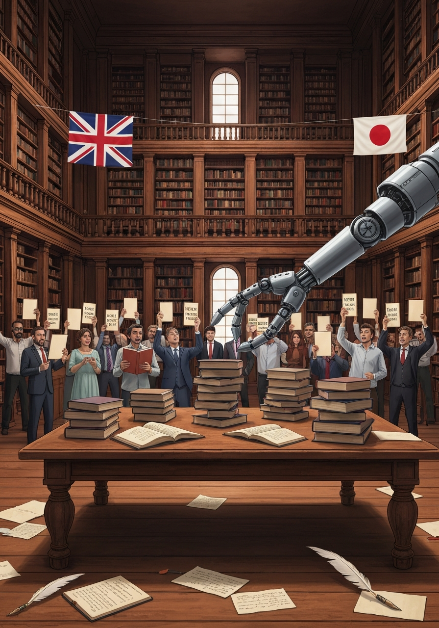 AI Generated Image - Diverse authors in a classical library defiantly holding blank-paged books against a mechanical AI robot arm, with UK and Japan flags on the balcony, quill pens and manuscripts scattered on the floor