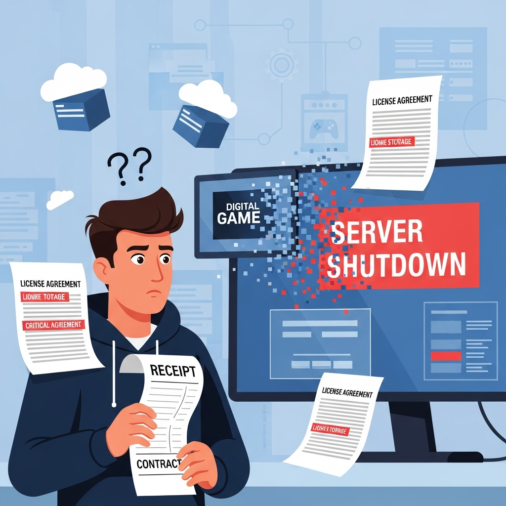 AI Generated Image - A confused gamer watching a digital game disappear from a gaming platform screen. The scene shows a red 'Server Shutdown' notice on a large monitor with contract documents scattered around, cloud storage icons floating, set in a modern digital marketplace environment. This editorial infographic illustration symbolizes the digital game ownership crisis with serious urgency.