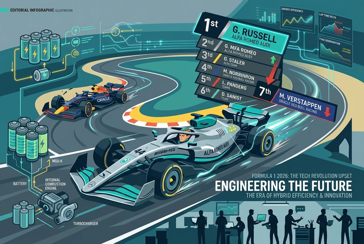 AI 생성 이미지: F1 2026 시즌 챔피언십 순위 반전을 표현한 에디토리얼 인포그래픽. 은빛 선두 경주차가 앞서고 레드불 경주차가 뒤처지며, 순위표에 베르스타펜이 7위로 표시되고 배터리·MGU-K·내연기관 등 하이브리드 파워유닛 요소와 데이터 차트, 엔지니어 실루엣이 함께 그려져 있다.