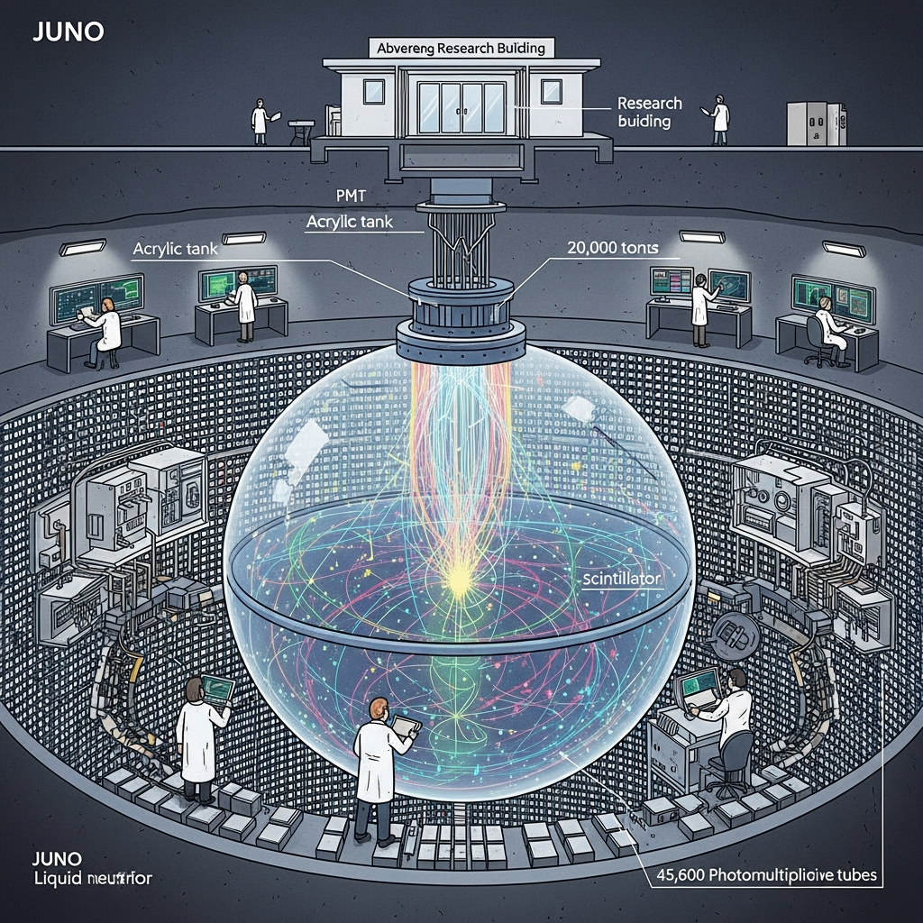 AI 생성 이미지 - 광둥성 지하 700미터에 설치된 JUNO 중성미자 검출기의 단면도. 35.4미터 구형 탱크 내부의 20,000톤 액체섬광체가 입자 궤적으로 빛나고 있으며, 45,600개의 광전자증배관이 정밀하게 격자 형태로 탱크를 감싸고 있다. 지표면의 연구시설과 과학자들이 데이터를 모니터링하는 모습이 함께 표현되어 있다.