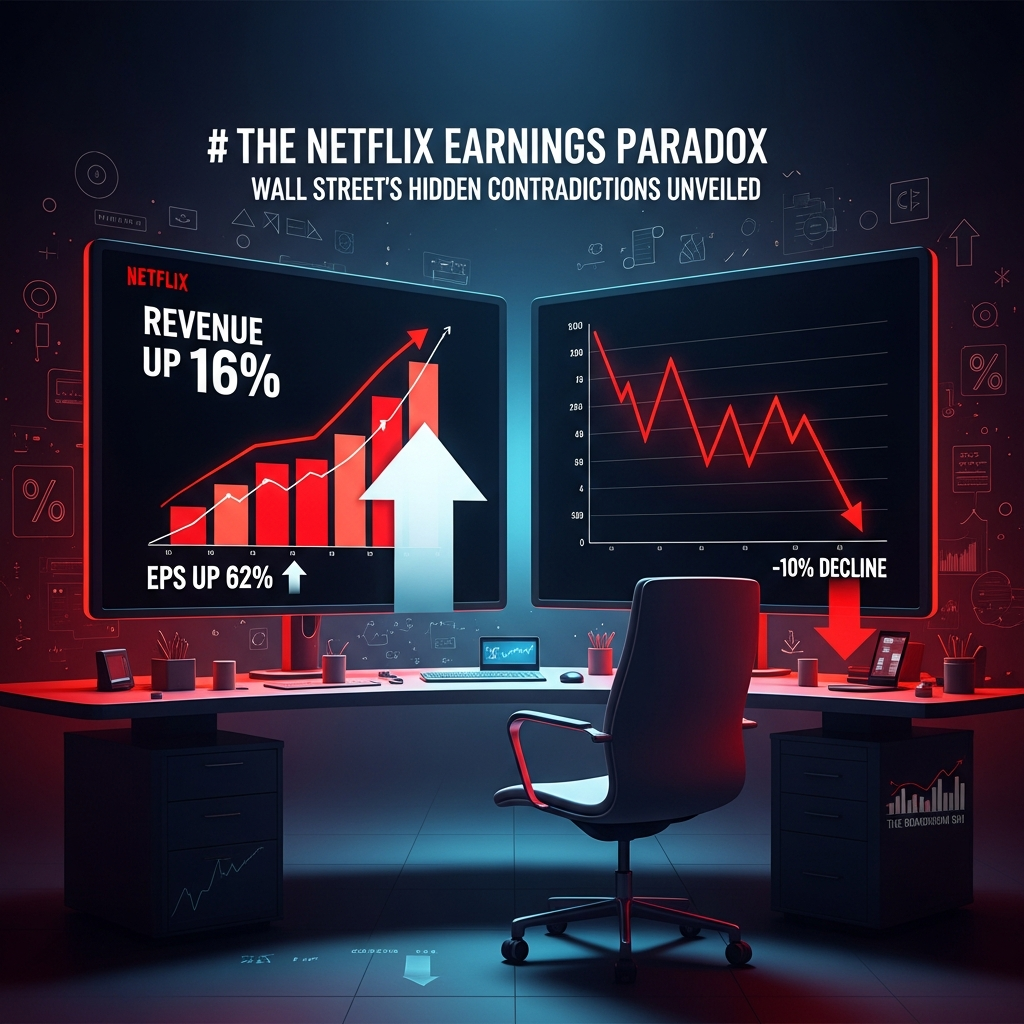 AI 생성 이미지 - Netflix Q1 2026 실적 역설을 시각화한 인포그래픽으로, 매출과 EPS 상승을 나타내는 위로 향한 차트 화살표와 주가 하락을 나타내는 아래로 꺾인 차트가 대비된다. 재무분석실 책상 위에는 추상적 빨간색 톤과 빈 의자가 배치되어 있다.