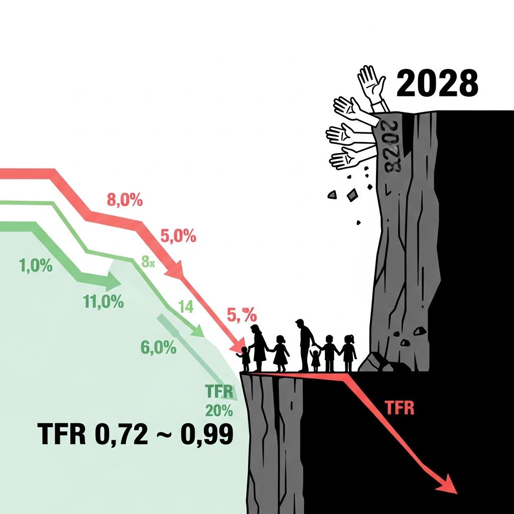 AI Generated Image - An editorial infographic visualization of South Korea's total fertility rate rebound from 0.72 to 0.99, depicted as a cliff chart. Family silhouettes stand on a brief flat section, while a steeper cliff looms behind labeled '2028'. Chart lines show various declining rate trends, and policy hands appear powerless against the scale.