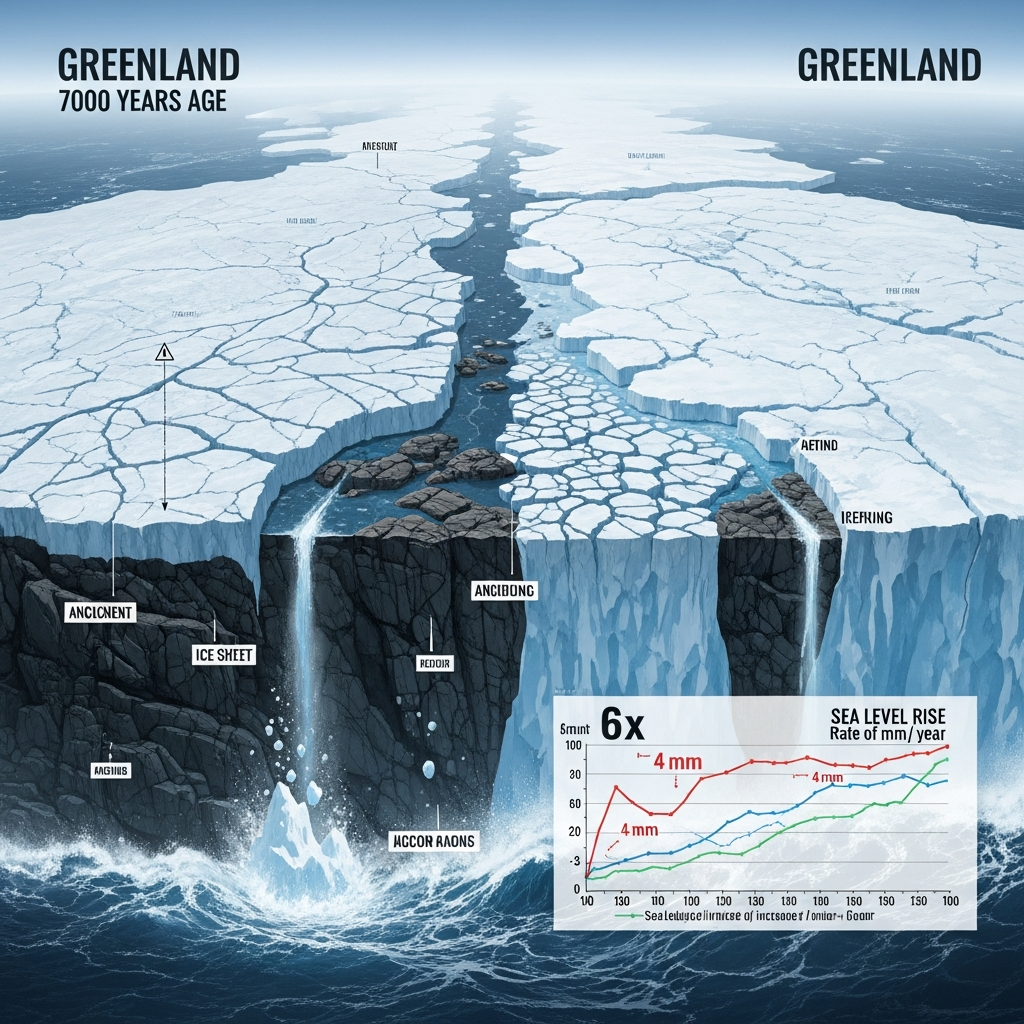 AI Generated Image - Satellite view of Greenland ice sheet showing massive surface cracks and fractures, falling icebergs into Arctic Ocean, exposed dark bedrock beneath melting ice, and data visualization charts depicting 6-fold acceleration and 4 millimeters annual sea level rise.