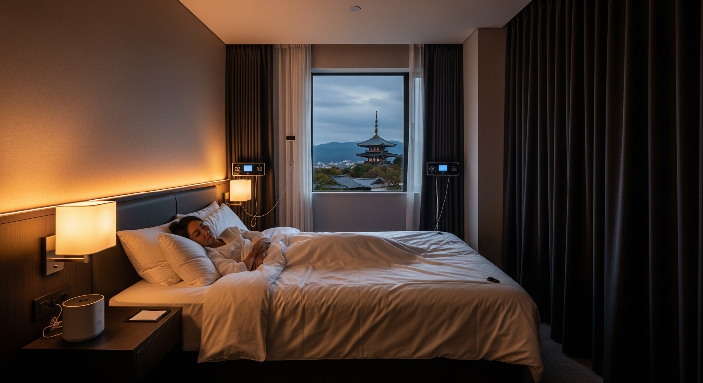 (AI-generated images) A guest peacefully sleeping in a luxury hotel sleep suite with Kyoto temples visible through the window