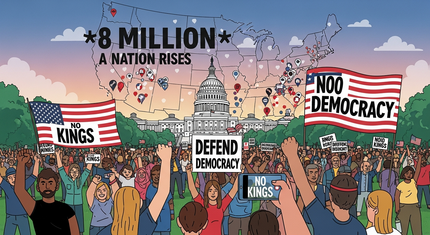 AI Generated Image - No Kings protest march illustration showing millions rallying at Washington D.C. National Mall with Capitol dome and Defend Democracy banners