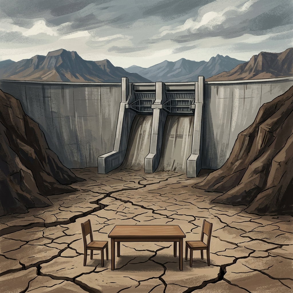 AI Generated Image - A monumental concrete dam stands majestically against mountains in the background, with a completely parched riverbed below covered in deep cracks and fissures. Before the dam lies an empty wooden negotiation table with two untouched chairs on the barren earth, while the dam's water gates remain firmly locked.