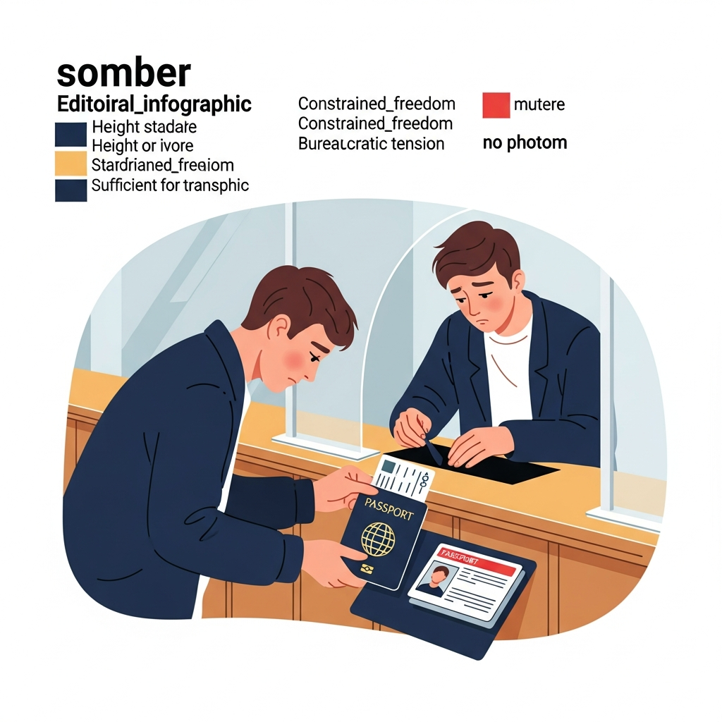 AI Generated Image - A uniformed military official at a government office counter stamps a young man's passport with 'Authorized Travel'. Behind them, a European map highlights Germany, Croatia, France, and Denmark, with travel authorization categories displayed in a legend.