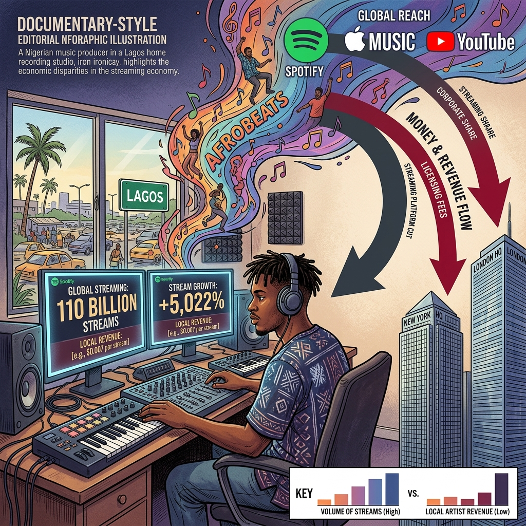 AI 생성 이미지 - 라고스 홈 스튜디오의 나이지리아 음악 프로듀서가 모니터 화면에 표시된 Spotify 스트리밍 데이터(110억 스트림, +5,022% 성장)를 보고 있다. 위쪽으로는 음악과 음표가 Spotify, Apple Music, YouTube 같은 글로벌 플랫폼으로 흘러가고, 오른쪽으로는 굵은 붉은 화살표가 수익을 뉴욕 본사와 런던 본사로 흘려보낸다. 하단에는 스트리밍 볼륨(높음) 대 로컬 아티스트 수익(낮음)의 극단적 대조를 보여주는 데이터 차트가 있다.