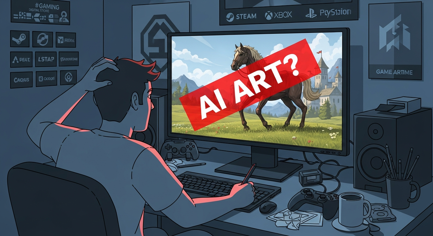 AI 생성 이미지 - 게임 개발 스튜디오에서 AI가 만든 6개 다리 말을 발견하고 걱정하는 게임 아티스트