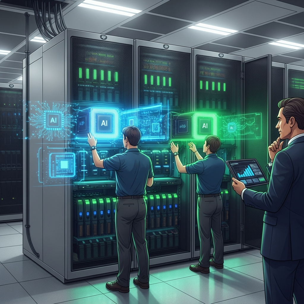AI Generated Image - HPE server rack with AI chips and GPU modules being installed in a modern corporate datacenter, business executive approving installation via tablet, neural network visualizations and digital data flowing through the infrastructure