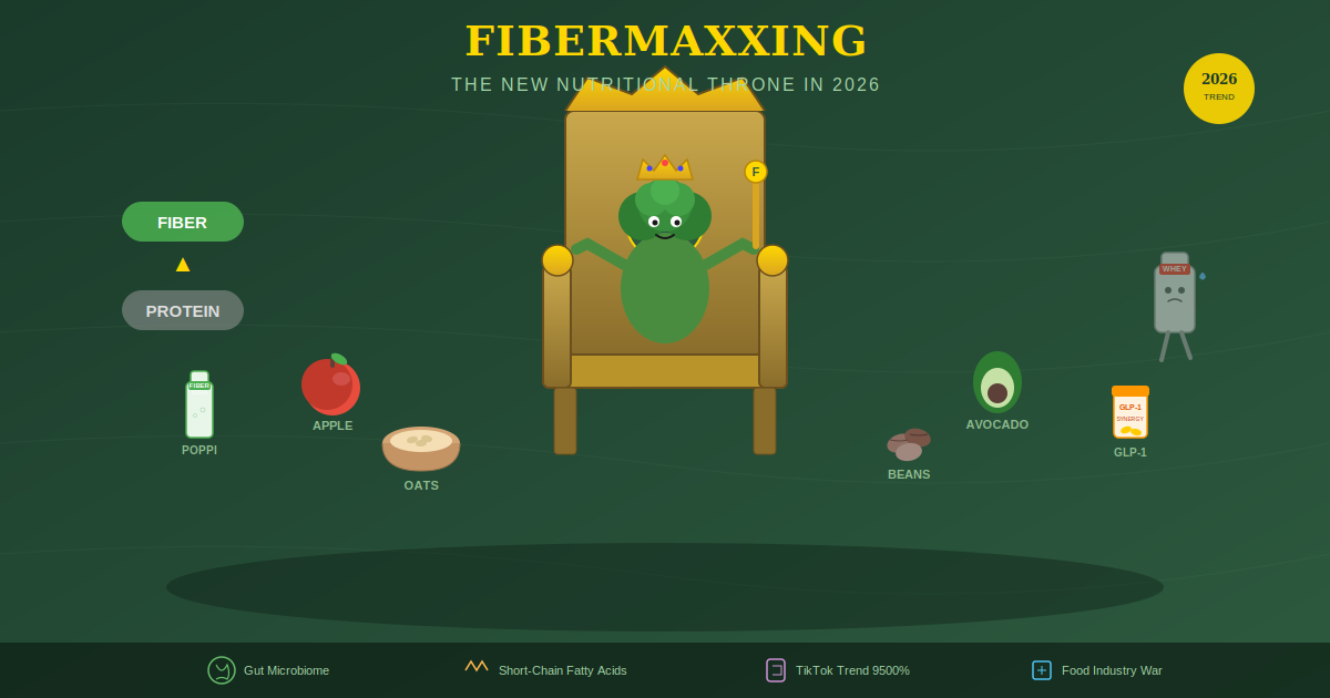 AI Generated Image - Editorial infographic illustration of a crowned broccoli on a golden throne surrounded by fiber-rich foods, with a retreating whey protein bottle, depicting the 2026 fibermaxxing nutritional trend