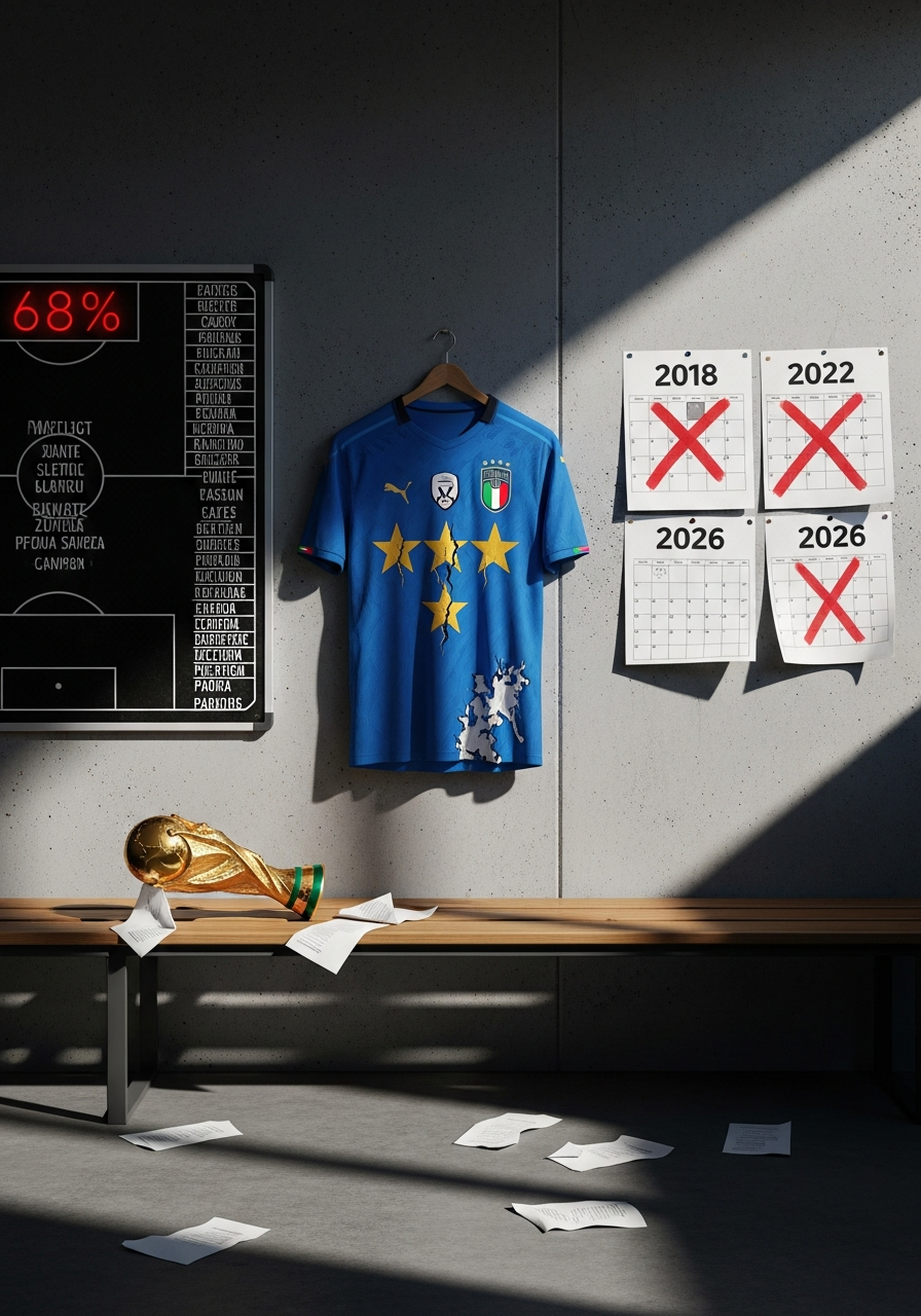 AI Generated Image - Italian Azzurri blue jersey hanging in an empty locker room with a fallen World Cup trophy, calendar pages for 2018, 2022, and 2026 marked with red X's, and a tactical board showing 68% foreign player ratio