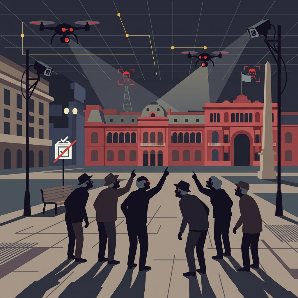 AI Generated Image - Silhouettes of protesters with raised hands standing at Buenos Aires plaza, multiple drones and surveillance cameras hovering overhead in dark sky, red Casa Rosada government building in background, yellow grid representing surveillance infrastructure spanning the entire sky, ballot box symbolizing democracy contrasted with technological surveillance apparatus