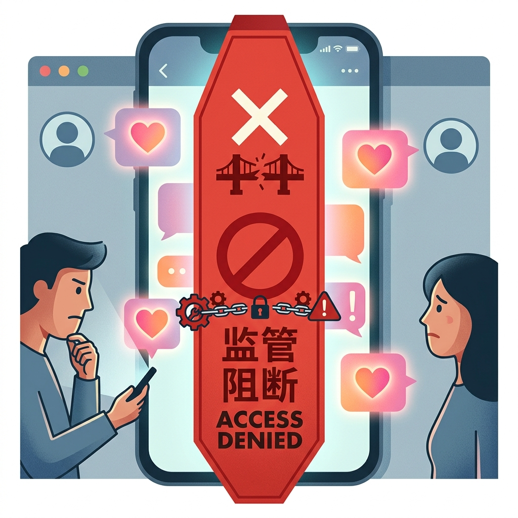 AI 생성 이미지 - 스마트폰 화면 안 AI 연인과의 대화 하트 버블이 빨간 규제 장벽에 의해 가로막혀 있다. 양쪽 사용자가 규제의 벽으로 인해 감정적 연결을 할 수 없는 장면으로, 중국 AI 연인 규제의 역설을 은유하고 있다. 에디토리얼 인포그래픽 스타일로 규제가 만들어낸 관계의 단절을 표현했다.