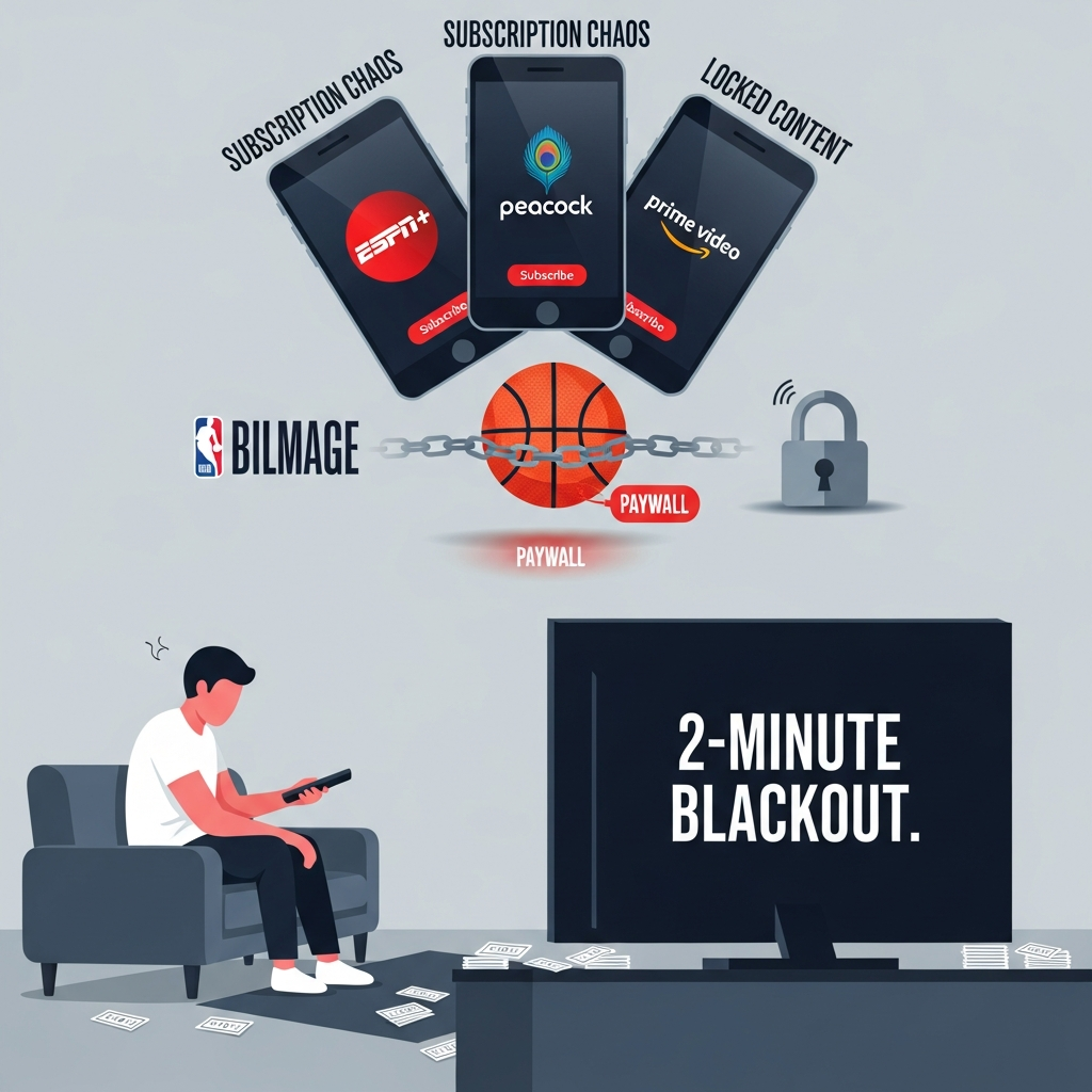 AI 생성 이미지 — NBA의 $770억 미디어 딜로 인한 구독 분산 문제를 시각화한 에디토리얼 일러스트레이션으로, 세 개의 구독 플랫폼 카드(ESPN+, Peacock, Amazon Prime)가 스마트폰 화면 위에 떠 있고, 농구공은 자물쇠로 잠겨 있다. 답답한 표정의 팬이 소파에 앉아 리모컨을 들고 있으며 TV 화면에는 '2-MINUTE BLACKOUT' 텍스트가 표시되어 있다. 주변에는 돈 기호, 구독 카드, 케이블이 흩어져 있어 팬의 경제적 부담과 기술적 불안정성을 상징한다.