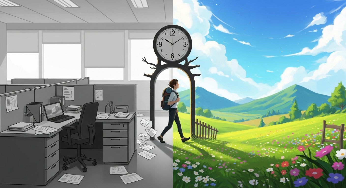 AI Generated Image - Gen Z office worker walking through stopped clock archway from gray office into colorful nature, representing micro-retirement