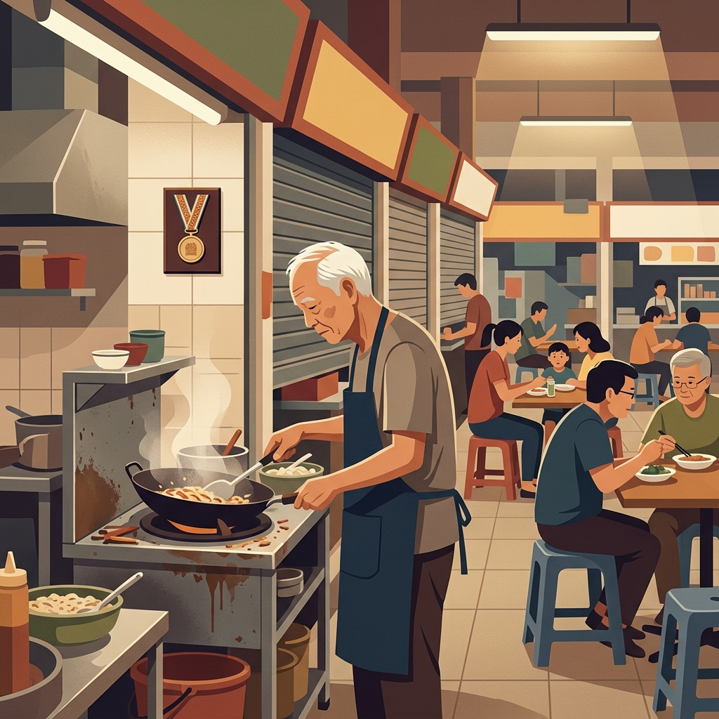 AI Generated Image - An elderly hawker prepares food at a wok in a Singapore hawker center stall, a small heritage medal and ribbon plaque hanging above, metal shutters of neighboring stalls half-closed, diners seated at tables eating