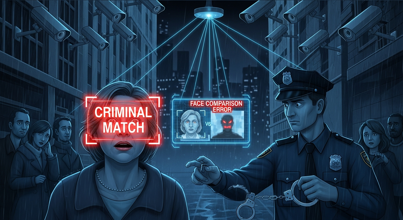 AI Generated Image - An AI facial recognition system scanning an innocent middle-aged woman on a city street, displaying a false CRIMINAL MATCH warning while a police officer approaches with handcuffs