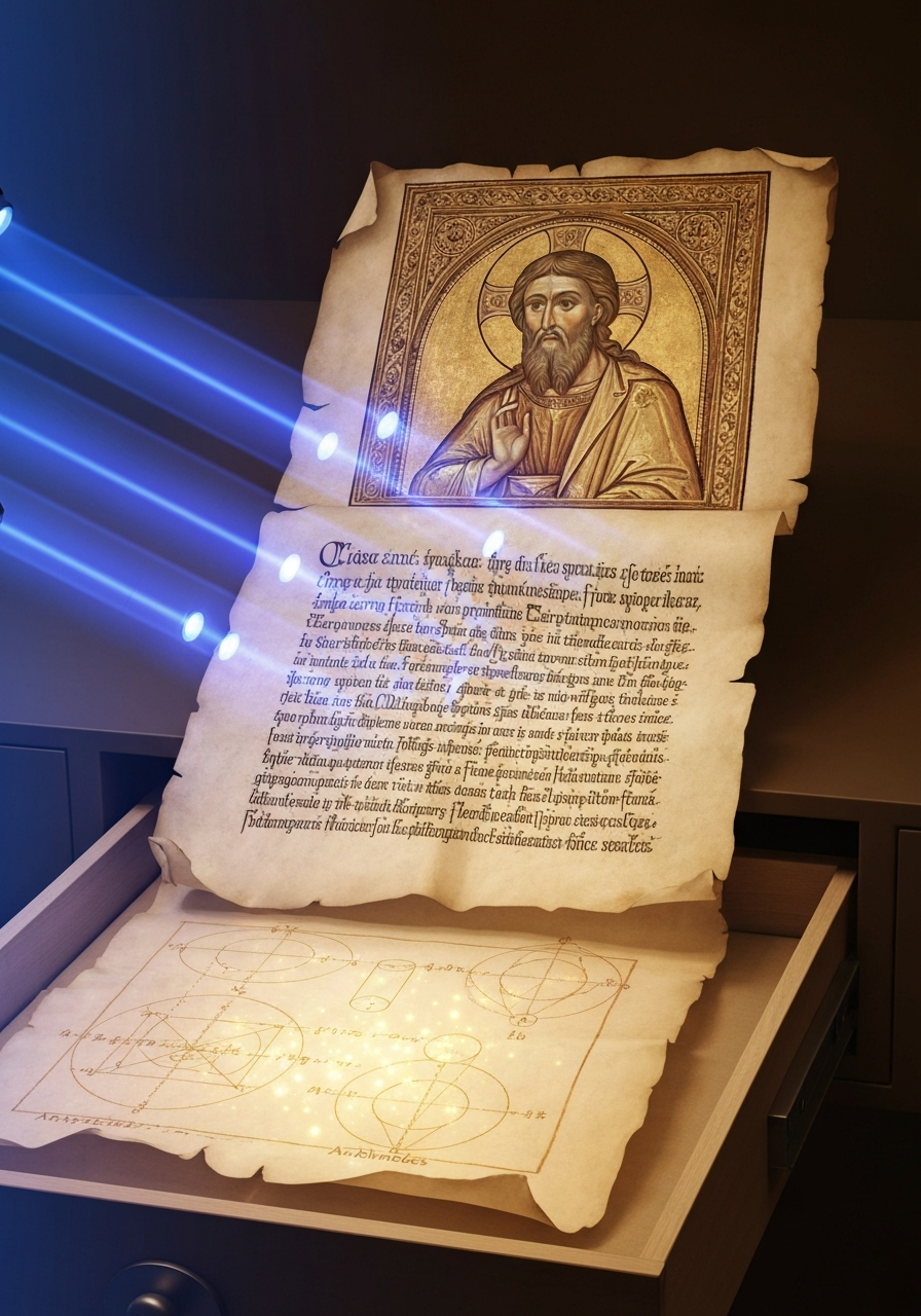 (AI-generated images) Archimedes Palimpsest triple-layer restoration concept illustration — ancient mathematics, medieval prayers, and 20th-century illumination layered on parchment with digital scanning beams
