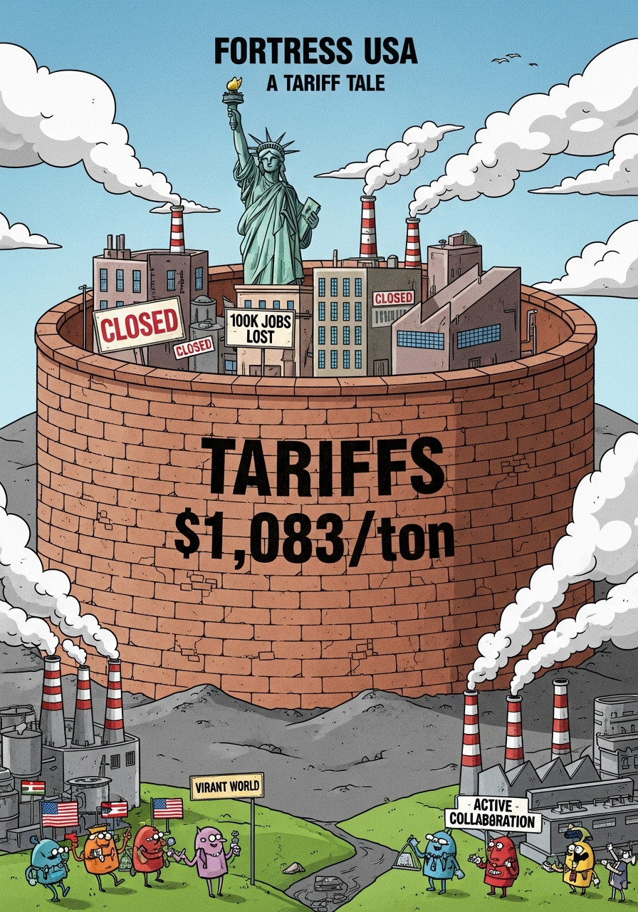 AI Generated Image - The United States trapped inside a tall tariff brick fortress wall with the Statue of Liberty confined, while EU, India, and South American nations shake hands and form free trade networks outside the wall, satirical editorial illustration