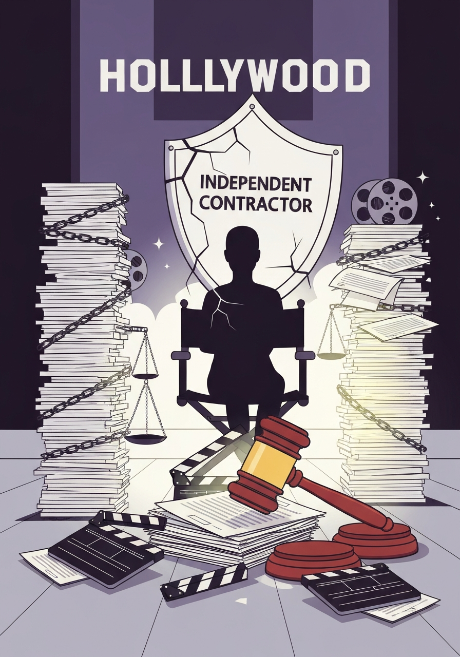AI Generated Image - Editorial illustration of a Hollywood courtroom with a cracked shield labeled Independent Contractor behind a silhouetted figure in a directors chair, surrounded by a gavel, stacks of legal documents, and movie clapperboards