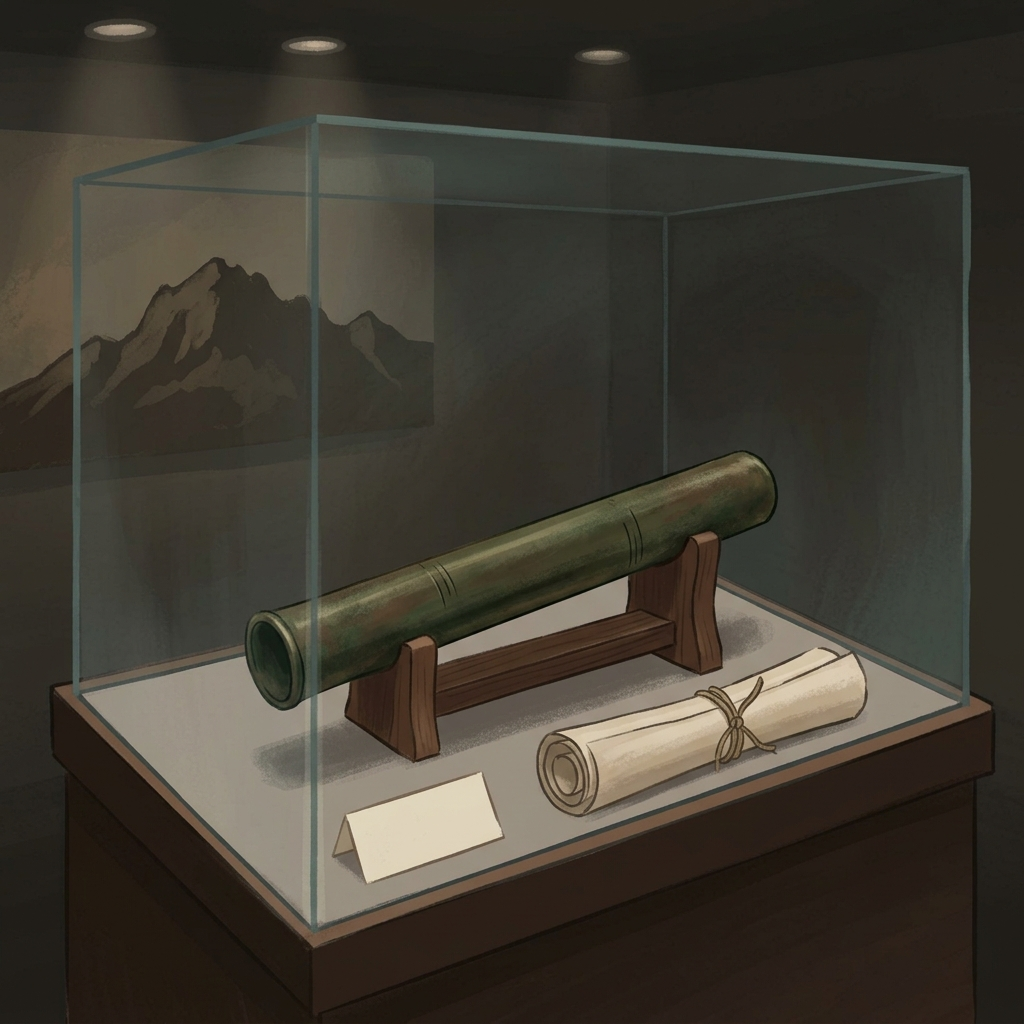 AI Generated Image - Slender bronze Hwangja Hwatong hand cannon tube resting on wooden museum cradle inside glass display case, weathered green-brown patina with faint vertical engraved lines