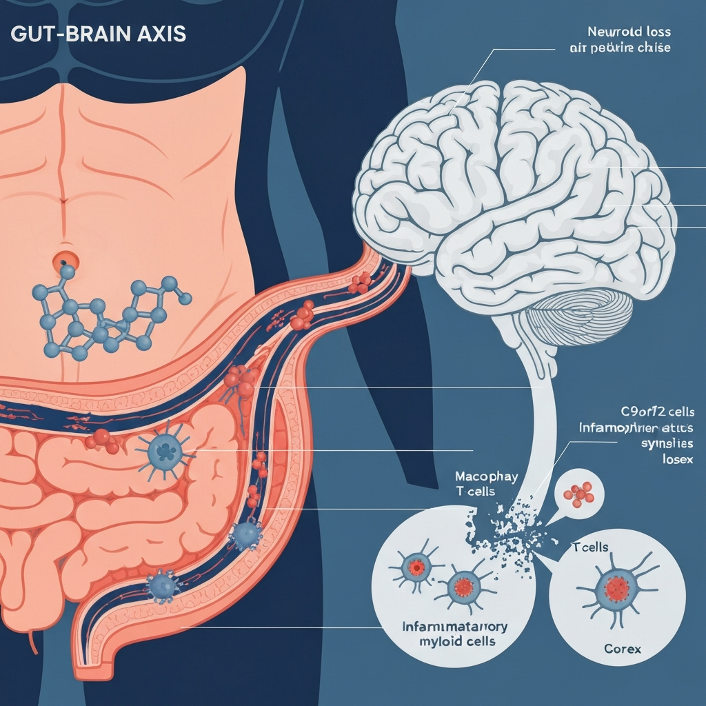 AI Generated Image - Medical illustration of cross-sectional human anatomy showing bacterial glycogen (depicted as blue chain-like molecules from intestinal microbiota) traveling through bloodstream to the brain via the gut-brain axis pathway.