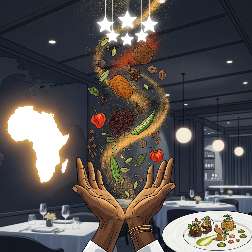 AI Generated Image - West African chef's hands cradling the African continent filled with vibrant spices and ingredients, with glowing Michelin stars overhead in a sleek London fine dining restaurant environment