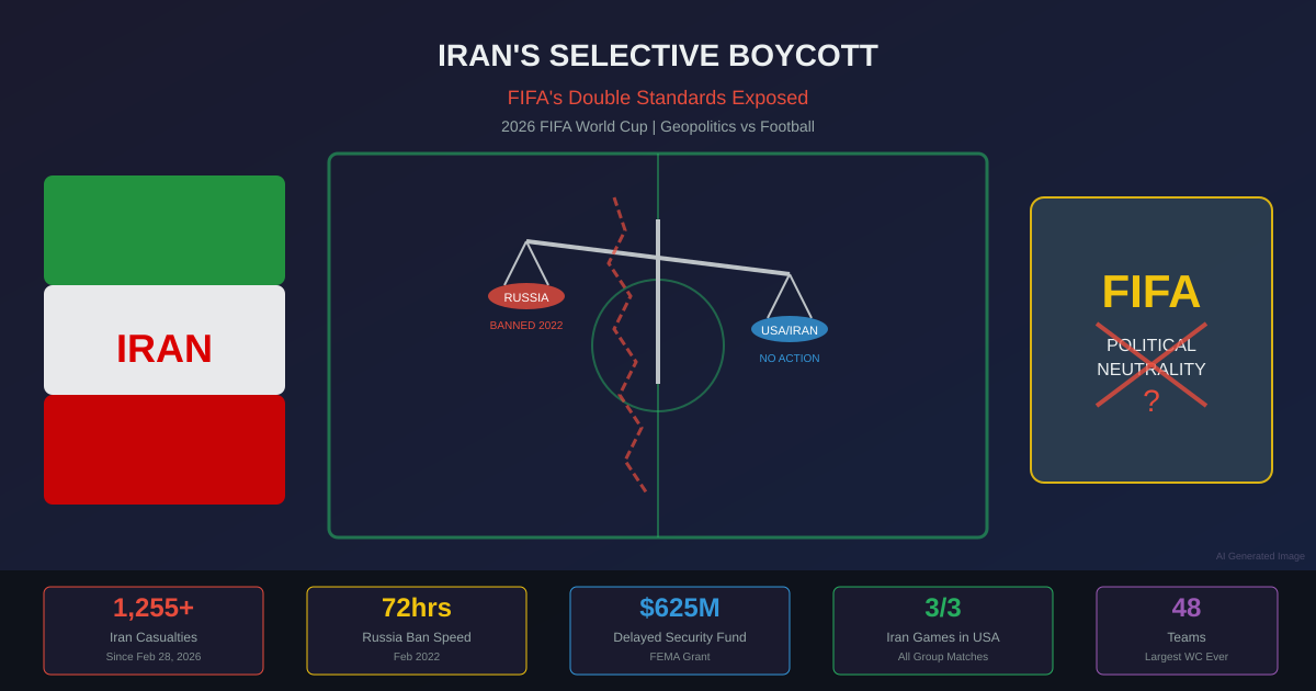 AI Generated Image - Iran Selective Boycott FIFA Double Standards Infographic showing tilted scales of justice between Russia ban and Iran inaction