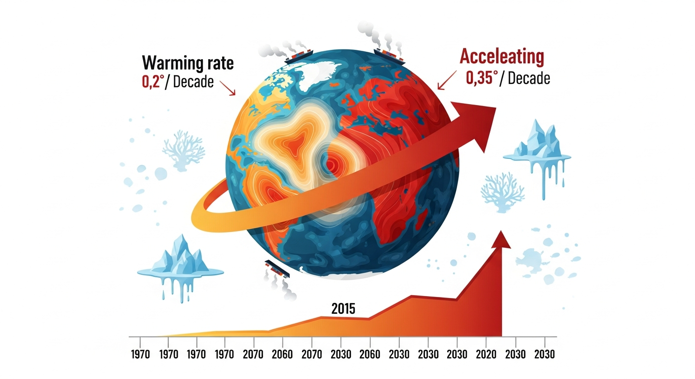 AI Generated Image - Earth globe showing warming acceleration from 0.2 to 0.35 degrees per decade