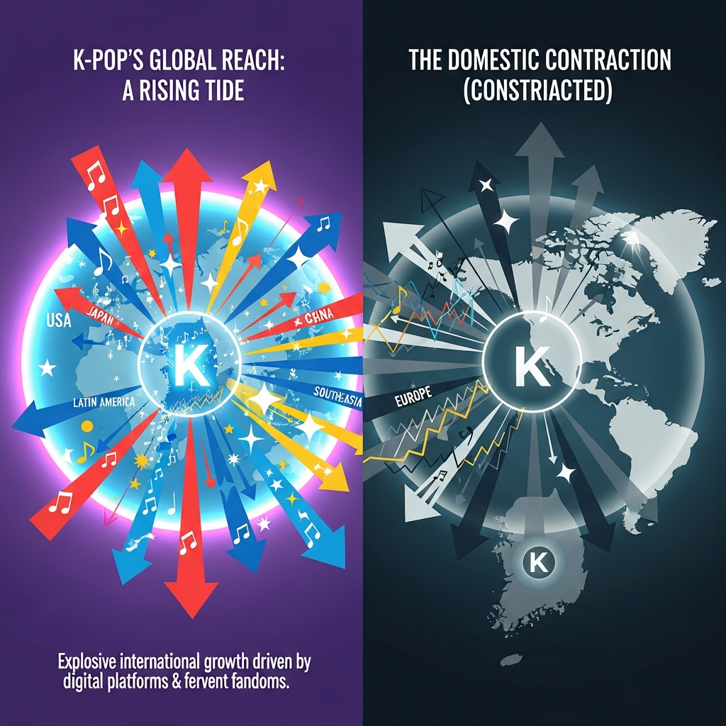 AI Generated Image - A split-screen infographic with the left side showing K-pop's global reach through colorful music symbols and upward arrows radiating from Korea to the world in bright tones, contrasted with the right side depicting domestic contraction through grayscale tones, downward arrows, a Korea map, and fading 'K' letters