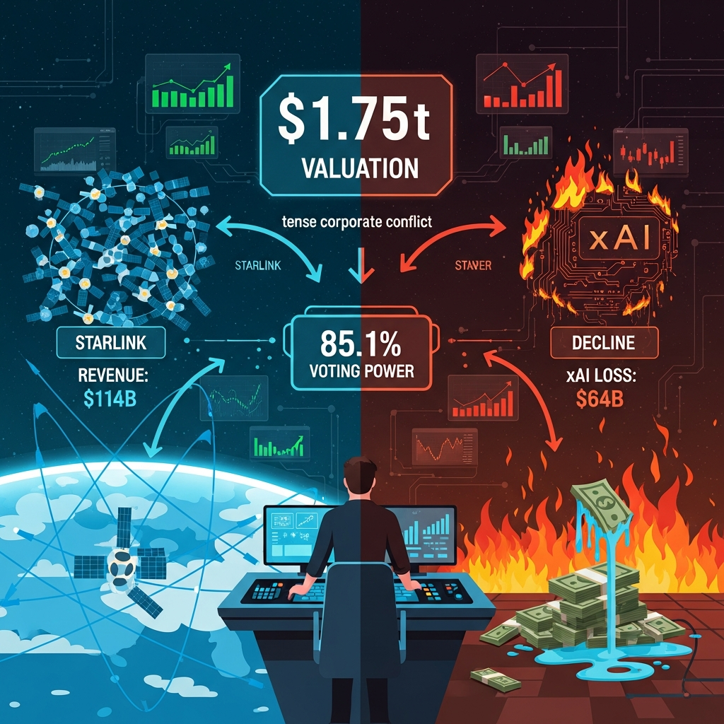 AI Generated Image - A figure at a central control console with 85.1% voting power indicator; left side shows Starlink satellite constellation glowing in blue with $114B revenue figures; right side displays burning xAI circuits and melting money pile with $64B loss figures; central $1.75T valuation price tag with futuristic financial dashboards in background, conveying tense corporate conflict.