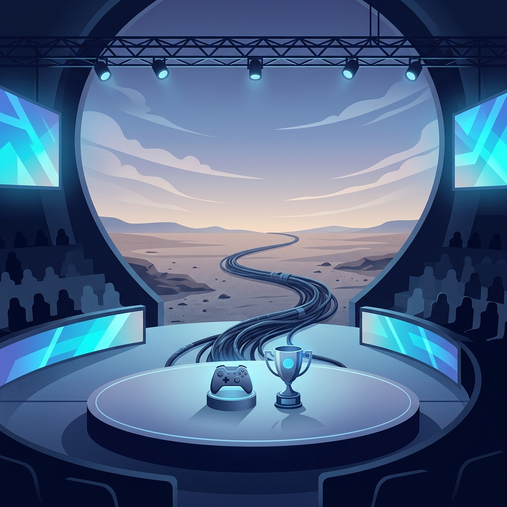 AI Generated Image - A digital illustration showing gaming controller and championship trophy on an esports arena stage under blue lighting, with thick bundled cables extending from the stage floor into a vast desert landscape, metaphorically representing the separation of venue and ownership