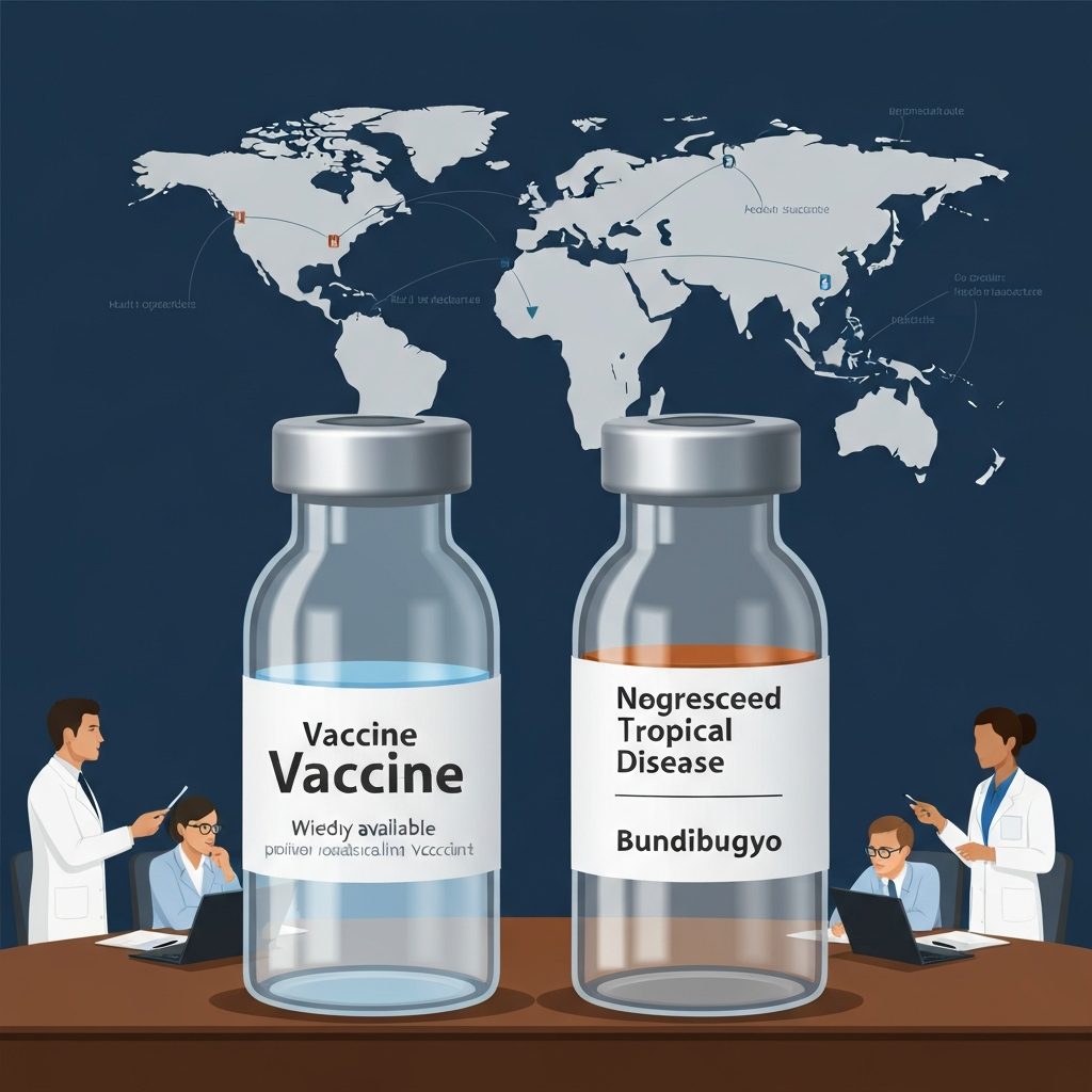 AI Generated Image - Two vaccine vials displayed on a global health conference table, one filled with 'Vaccine' liquid symbolizing accessible vaccines in developed nations, the other empty and labeled 'Neglected Tropical Disease Bundibugyo' representing Africa's neglected diseases. International healthcare workers observe the contrast with a world map in the background, metaphorically expressing global health inequality.