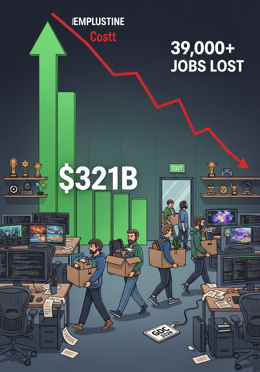 AI Generated Image - Game developers leaving studio with rising revenue chart and layoff notices