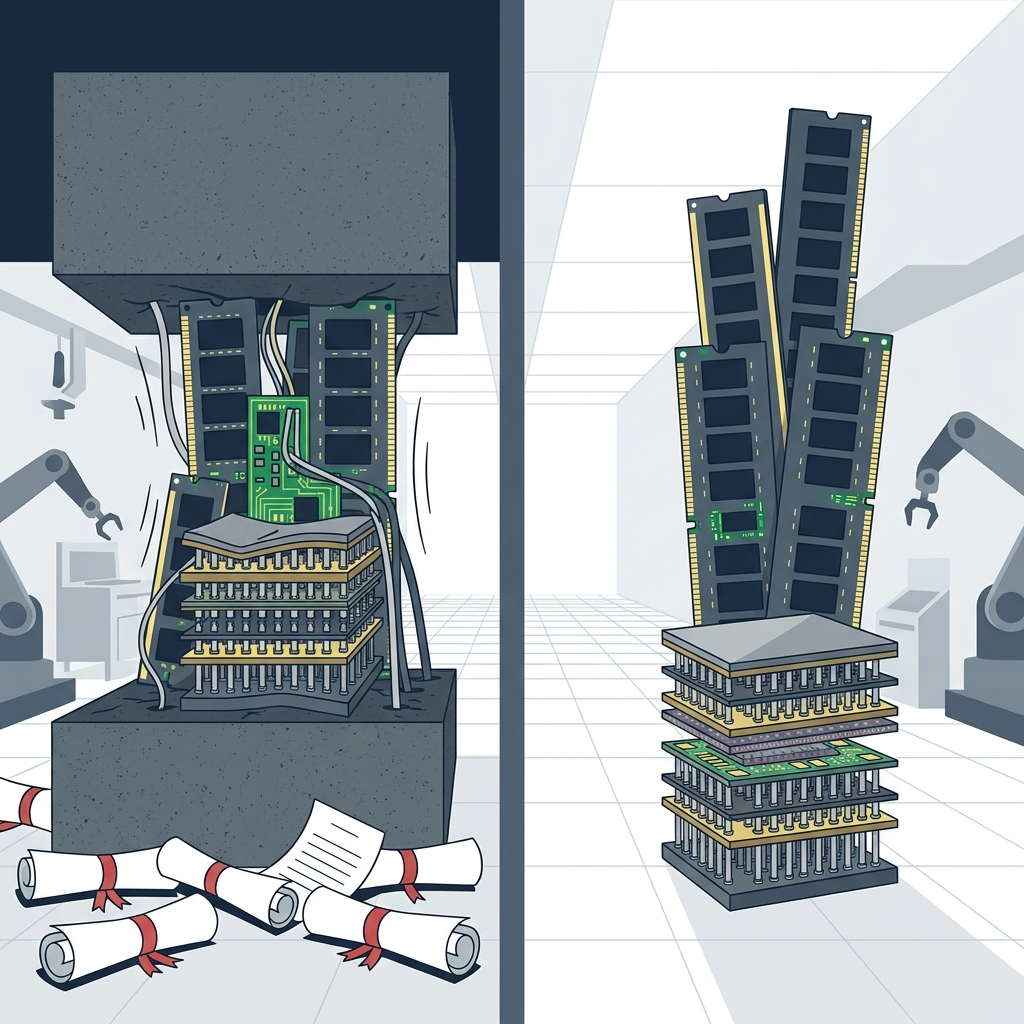 AI Generated Image - Memory chips tightly compressed beneath a low ceiling plate on the left, while identical memory stacks rise freely and towering in an open corridor on the right, illustrating the stark contrast within a semiconductor fabrication environment