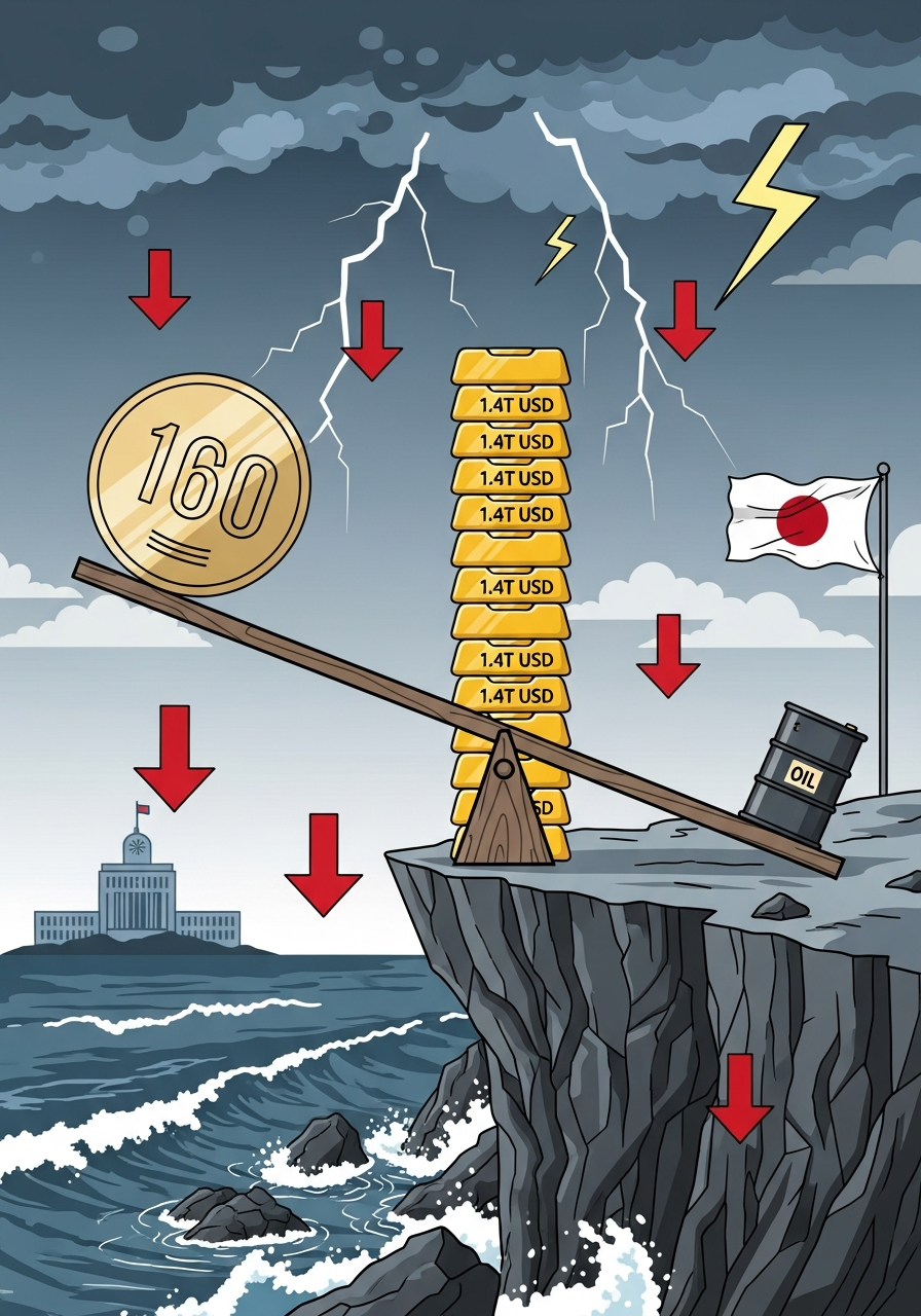 AI Generated Image - Japanese yen coin and oil barrel balancing on seesaw at cliff edge with gold ingots labeled 1.4T USD