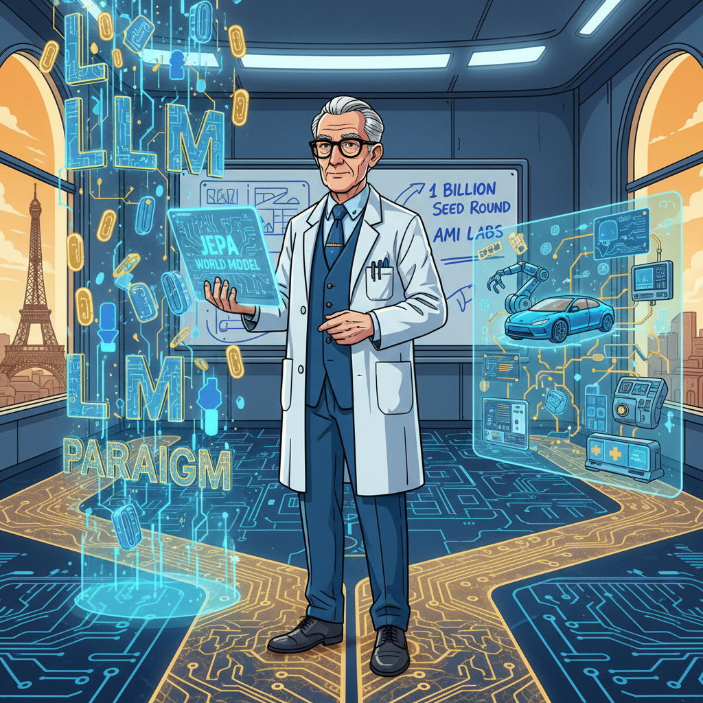 AI Generated Image - Digital illustration depicting AMI Labs JEPA world model vs LLM paradigm confrontation