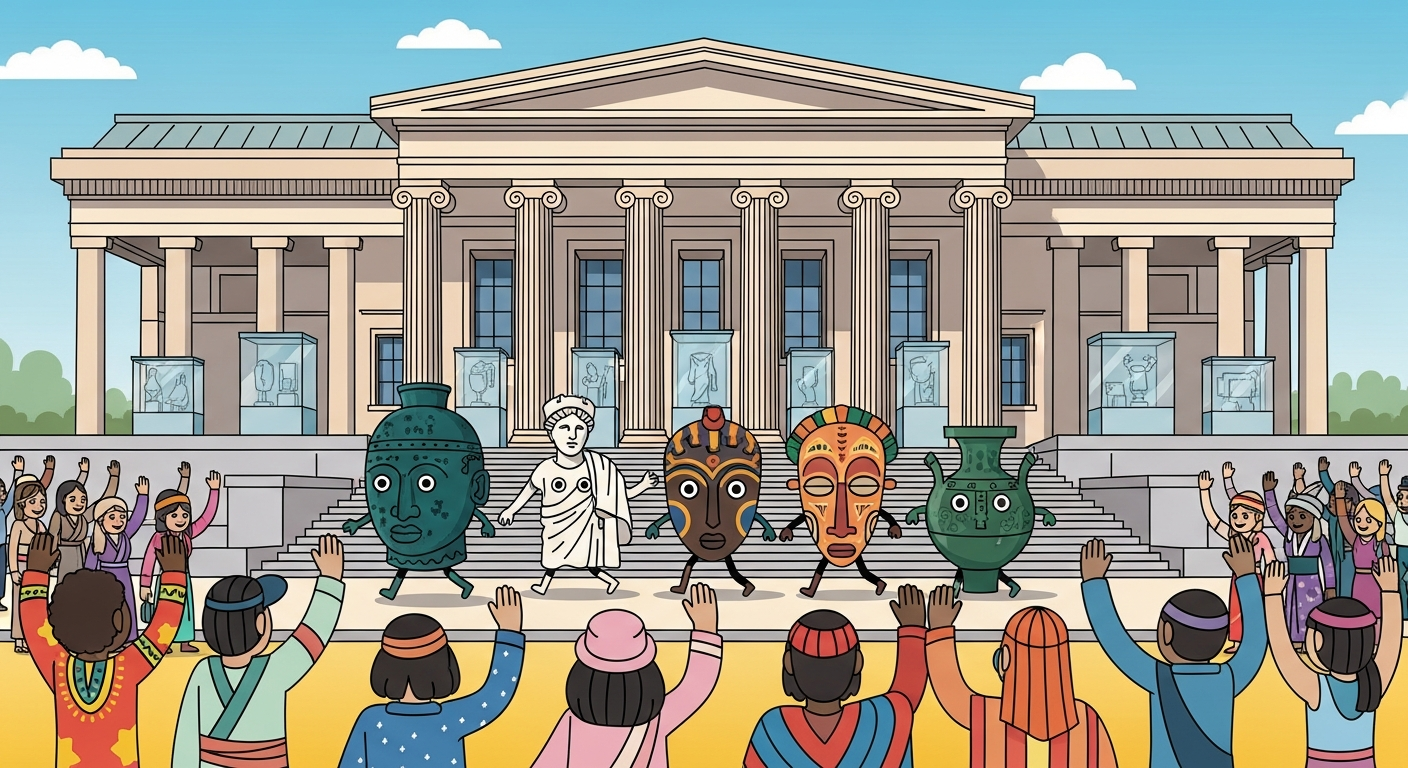 AI Generated Image - Cultural artifacts walking out of a British Museum-style building as diverse crowds welcome their return, symbolizing looted heritage repatriation