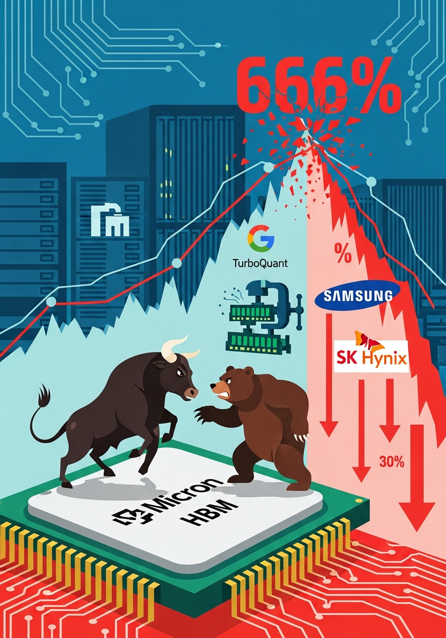 AI Generated Image - Micron HBM memory chip with bull and bear confrontation, 666 percent rally crash, Google TurboQuant compression, Samsung SK Hynix falling